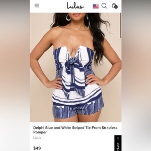 Blue and white striped tie-front strapless romper